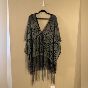 Women Sheer Poncho Coverup with Frayed hem One Size
